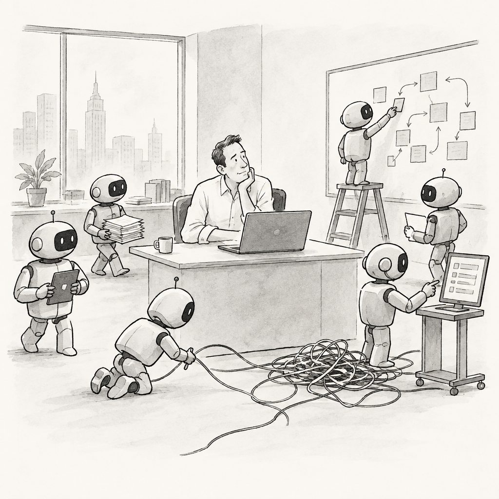 A man works at a desk while robots carry papers, point at a flowchart, operate a computer, and untangle cables.