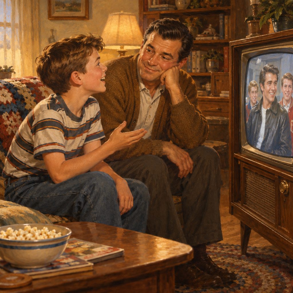 Boy gestures while talking with a seated man beside a vintage television showing three smiling men; popcorn sits on a table.