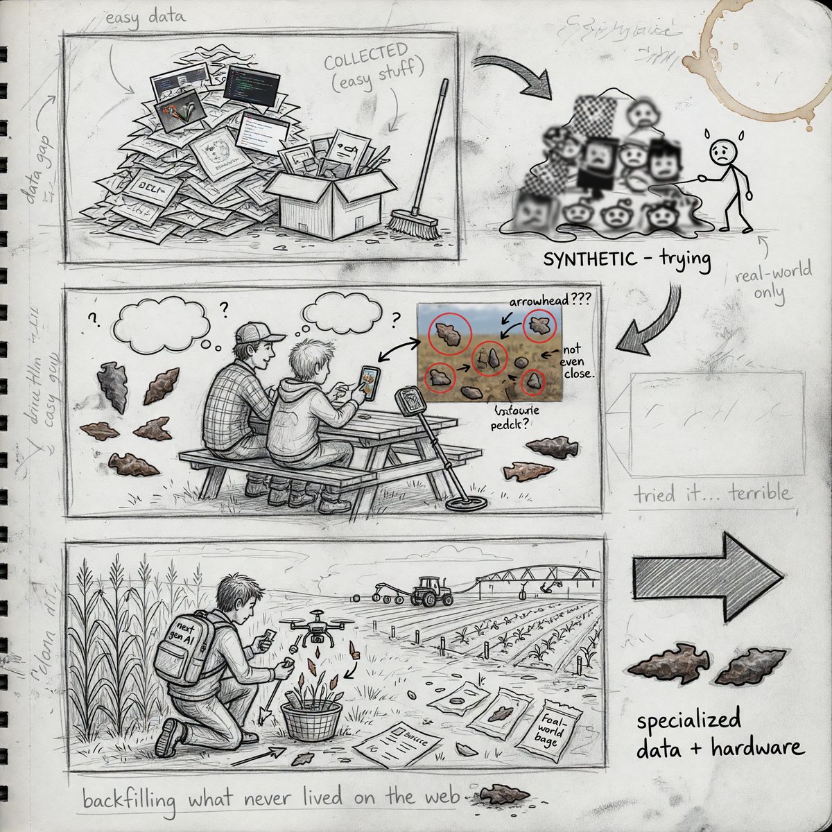 Hand-drawn comic comparing “easy data” piles and “SYNTHETIC - trying,” ending with “specialized data + hardware” and “backfilling what never lived on the web.”