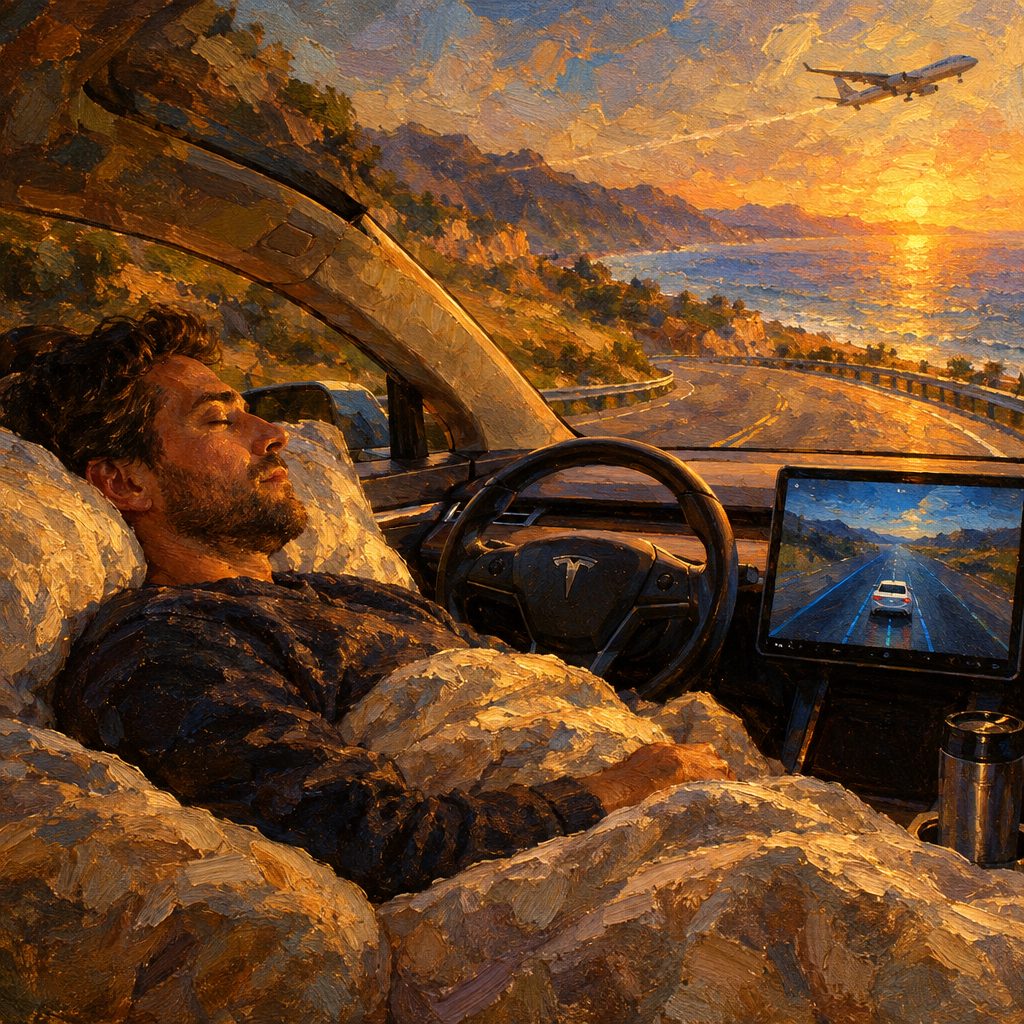 Bearded man sleeping in a car as it travels a coastal mountain road at sunset, with an airplane overhead.
