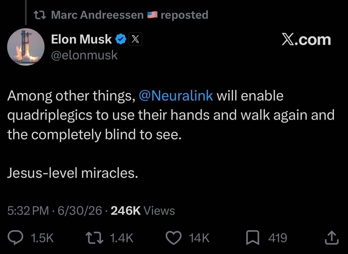 X post by Elon Musk saying Neuralink will let quadriplegics use their hands and walk again and the blind to see.