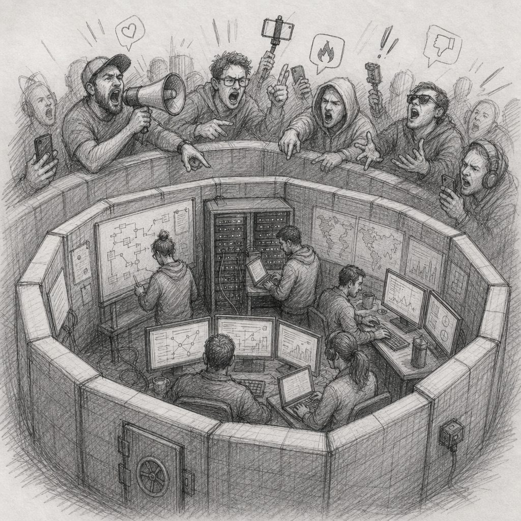 Sketch of a control room with five people at computers surrounded by an angry crowd holding phones and cameras.