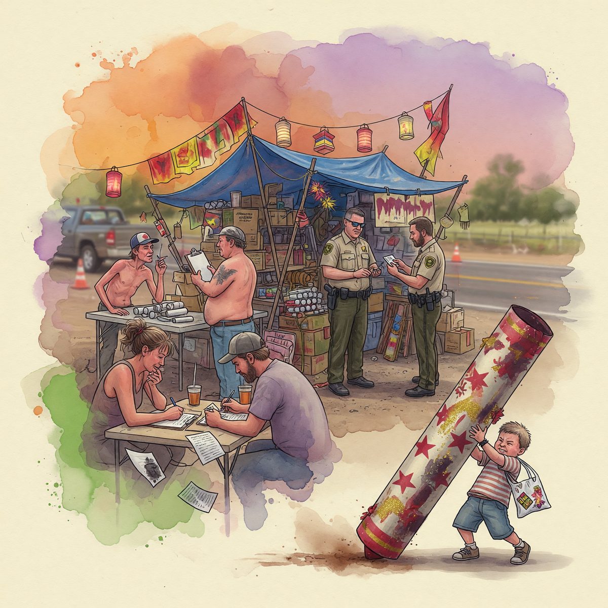 Roadside tent stand with two deputies, people filling out papers, and a child pushing a large firework tube.