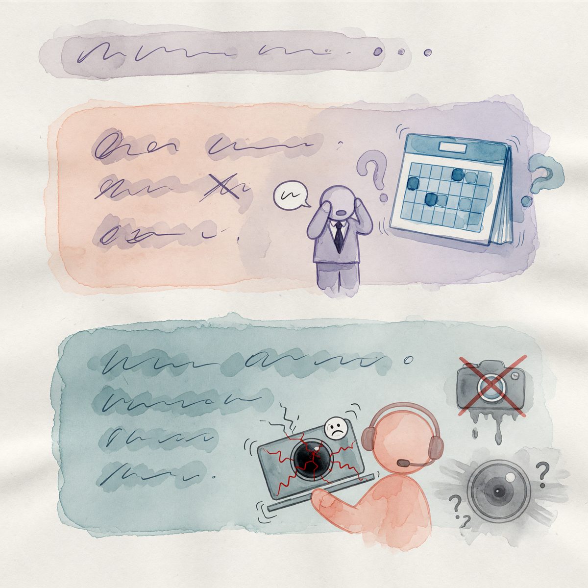 Watercolor illustration of a confused person beside a calendar, broken laptop, muted camera, and headset with scribbled text blocks.