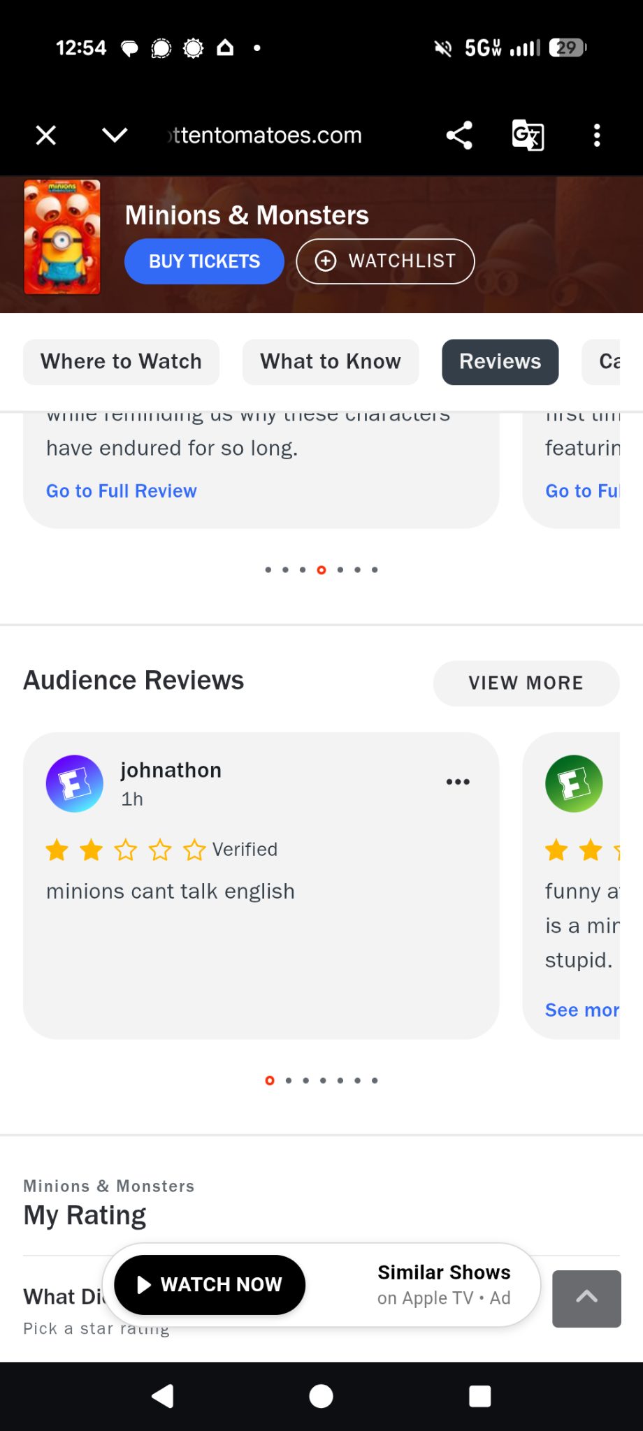Mobile webpage for “Minions & Monsters” on Rotten Tomatoes, showing Reviews and an audience review saying “minions cant talk english”