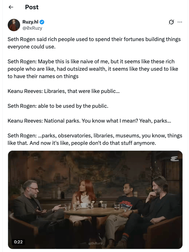 Social media post with a quote about public buildings and a video thumbnail of four people at a table.
