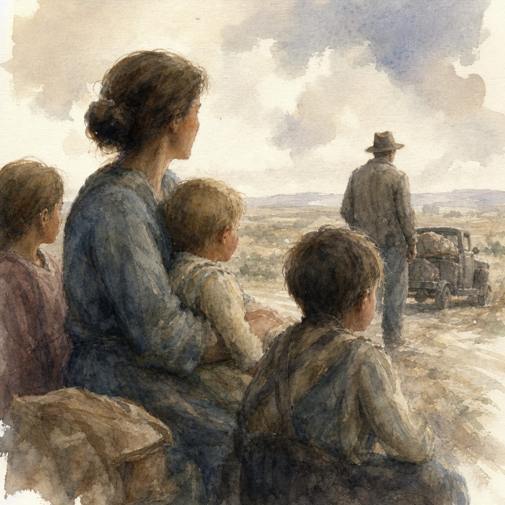 Watercolor of a woman and three children sitting and watching a man near a wagon in a rural landscape.