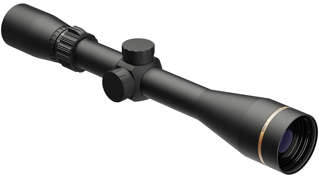 Black telescopic rifle scope with adjustment turrets, numbered magnification ring, and visible front lens.