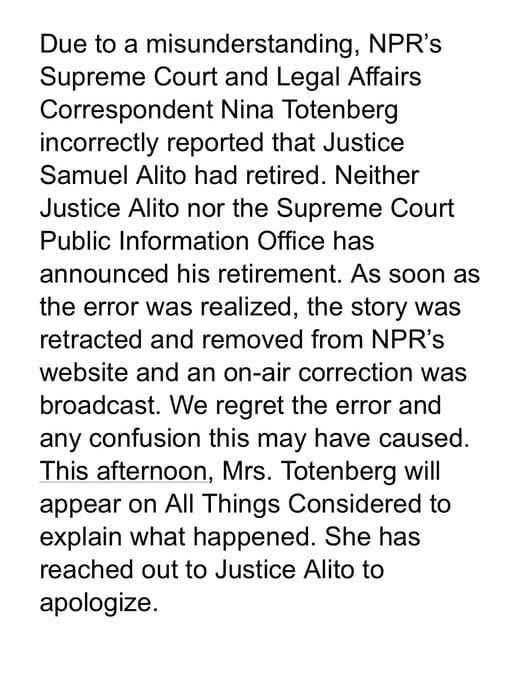 NPR correction notice about Nina Totenberg incorrectly reporting that Justice Samuel Alito had retired.
