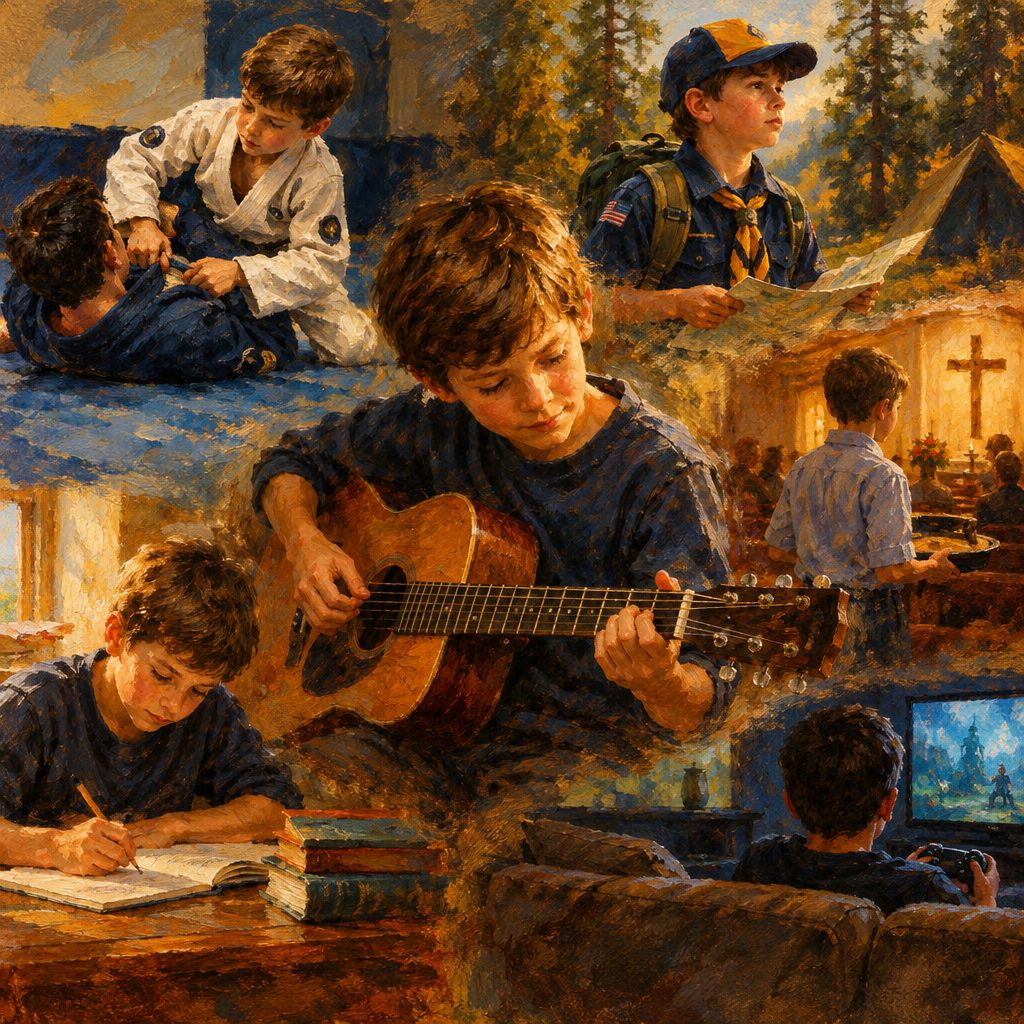 Collage of boys practicing martial arts, hiking, playing guitar, writing, and watching television in a rustic setting.