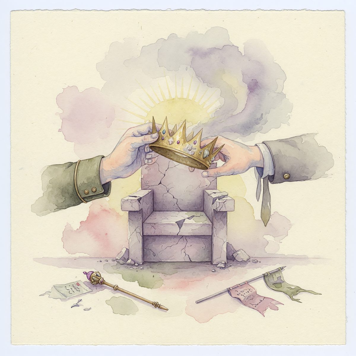 Watercolor of two hands passing a jeweled crown over a cracked stone throne with a sunburst behind it.