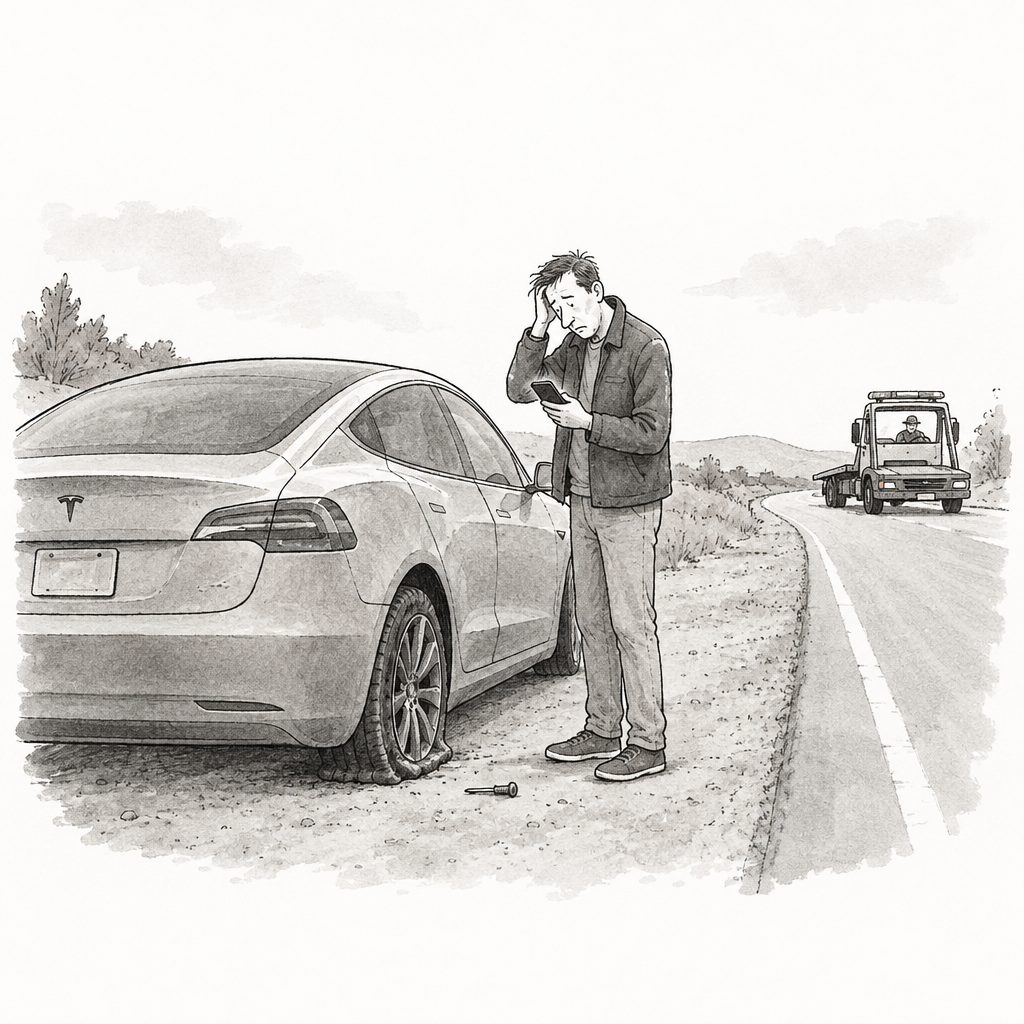 Man standing beside a Tesla with a flat tire as a tow truck approaches on a rural road.