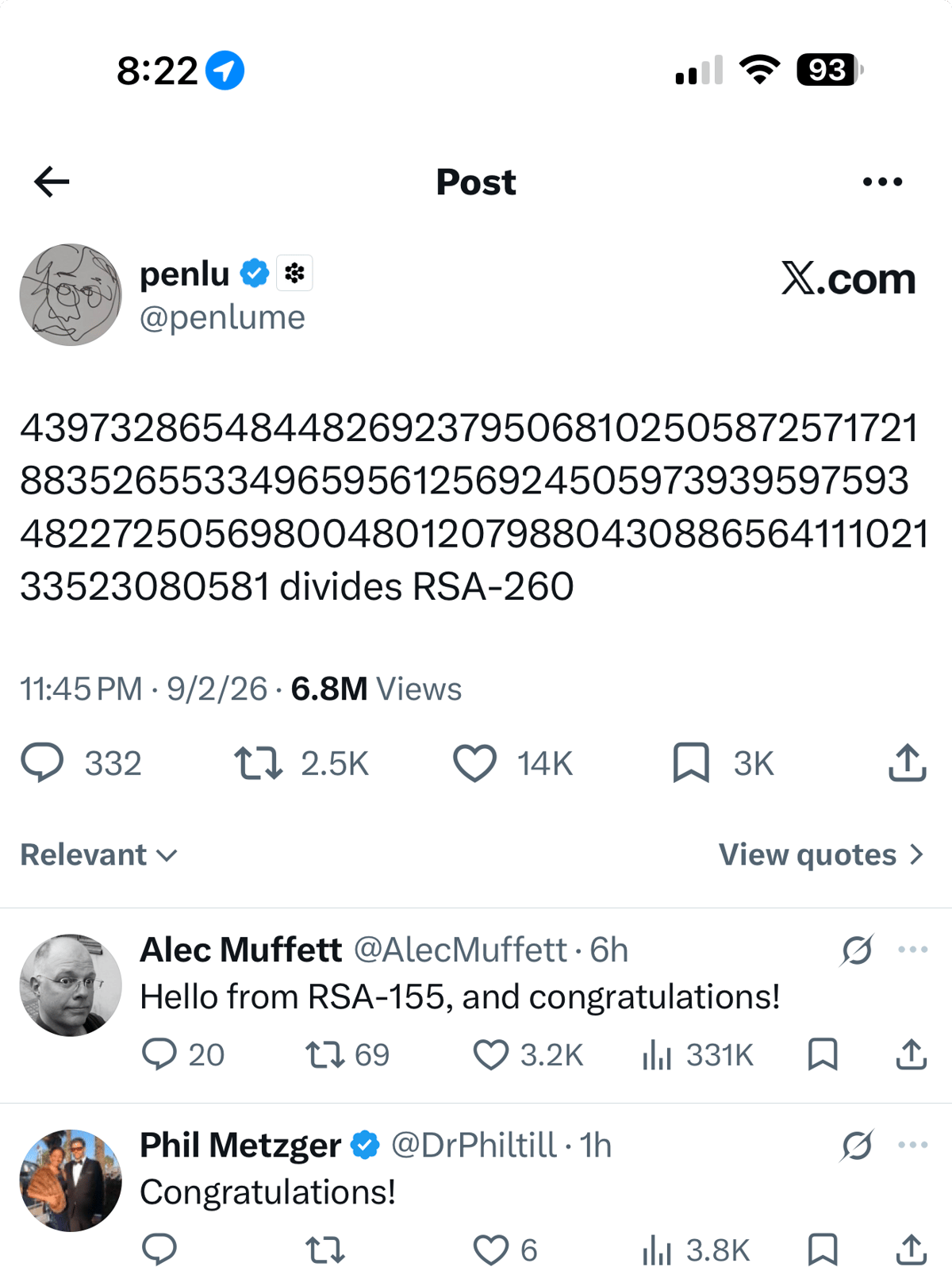 X.com post by penlu displaying a long number and the text “divides RSA-260,” with congratulatory replies below.