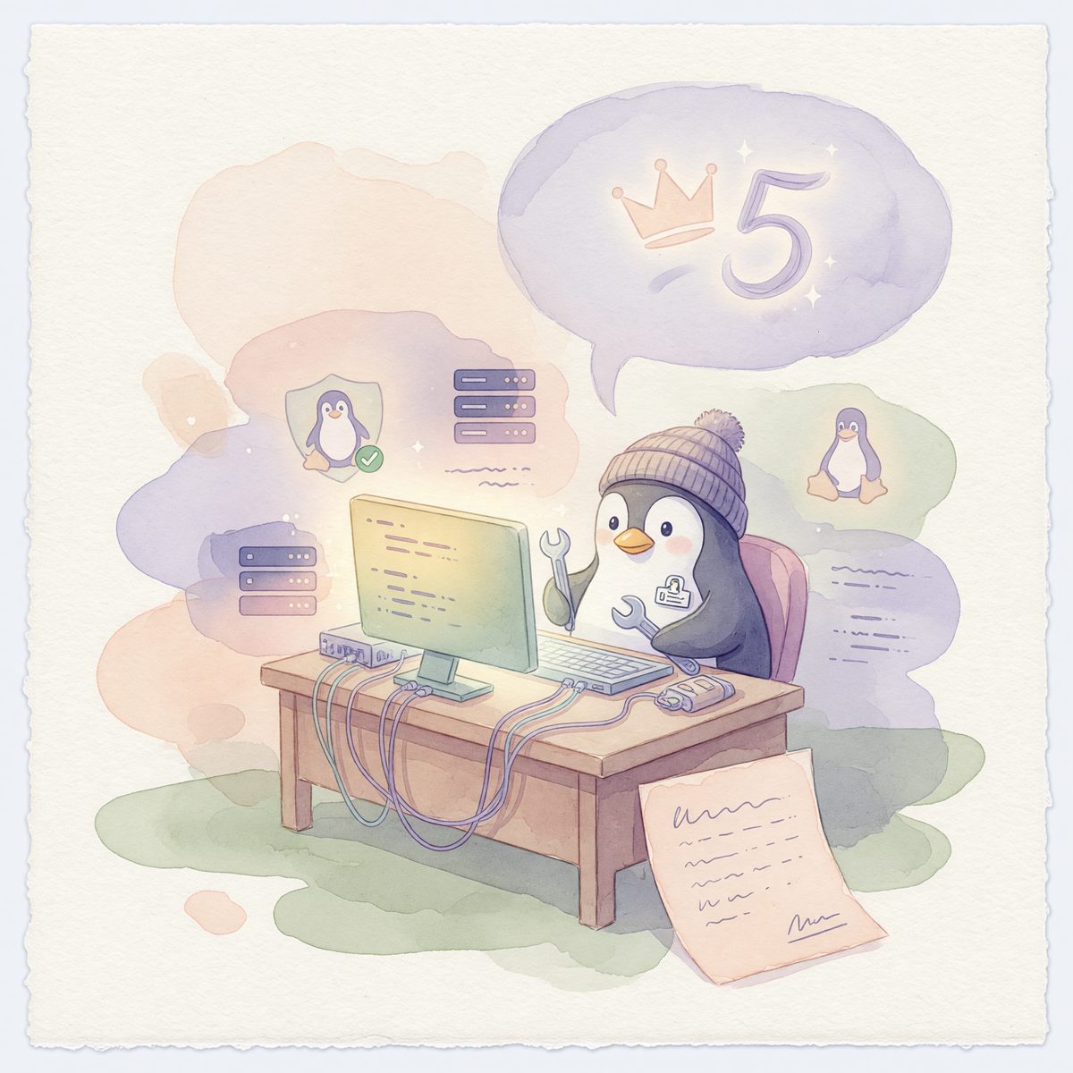 Linux penguin at a desk using Fable 5 for admins tasks.