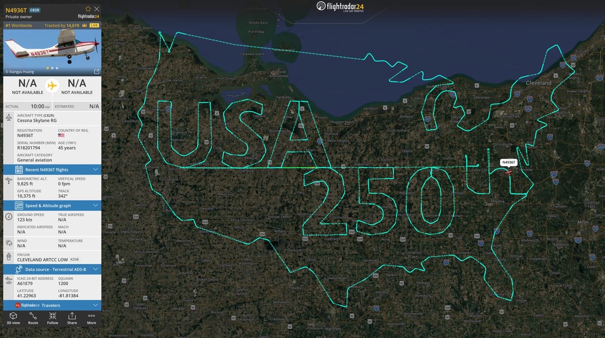 Flightradar24 map showing a Cessna route traced to spell “I U S A I LOVE 2500” over northern Ohio.