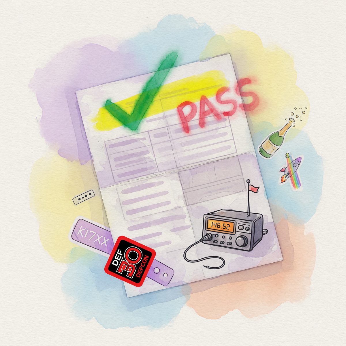Watercolor-style paper marked PASS with a green check, a radio display reading 146.52, and DEF CON stickers.