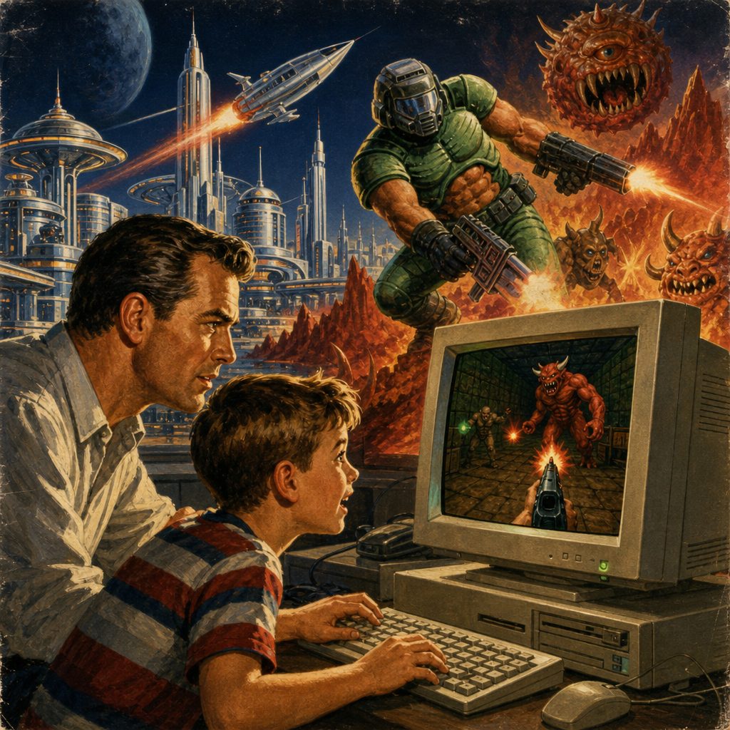 Father and child play a demon-shooting computer game amid a futuristic city, spaceships, armored soldier, and monsters.