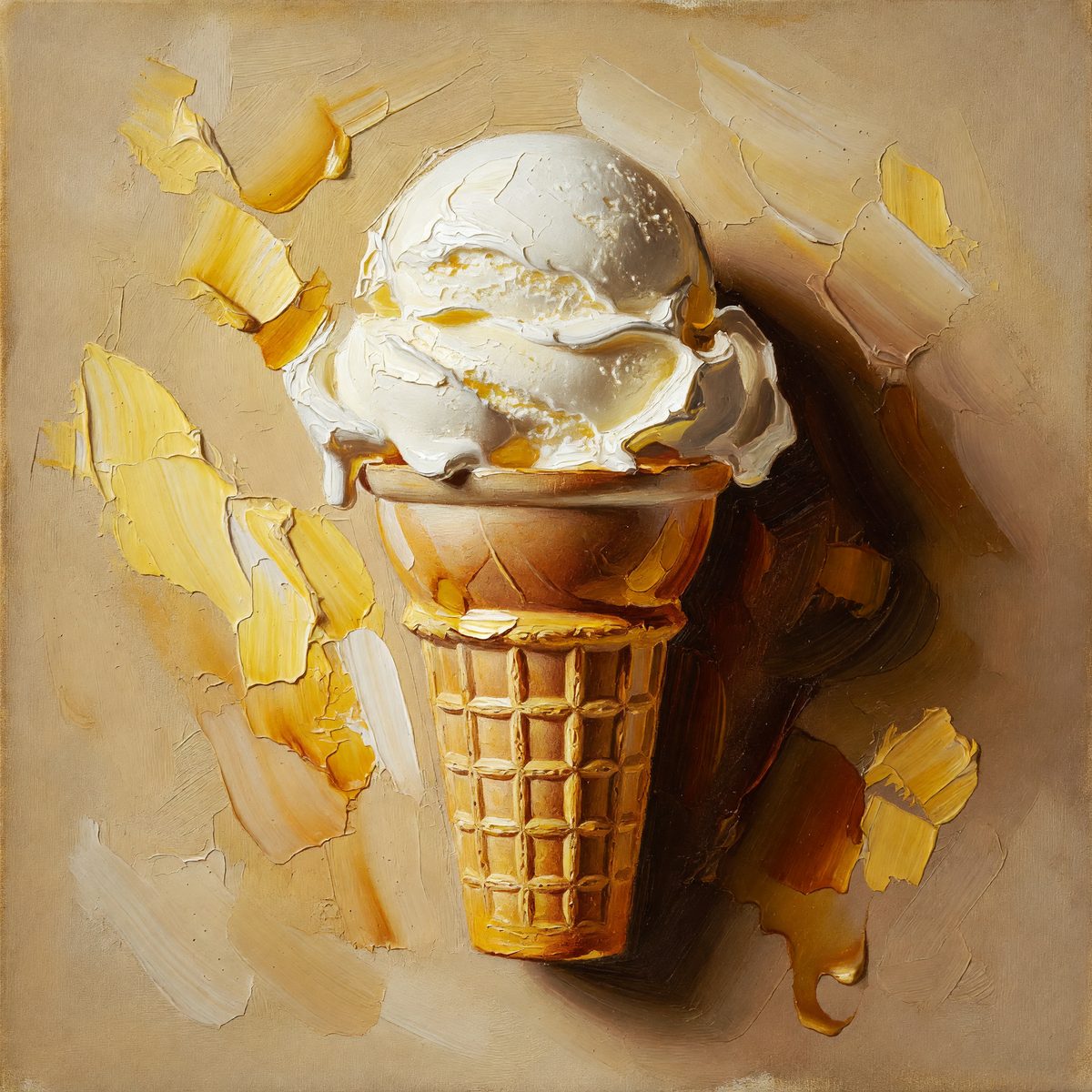 Still-life painting of a cupcake topped with white frosting and a chocolate candy, surrounded by yellow brushstrokes.