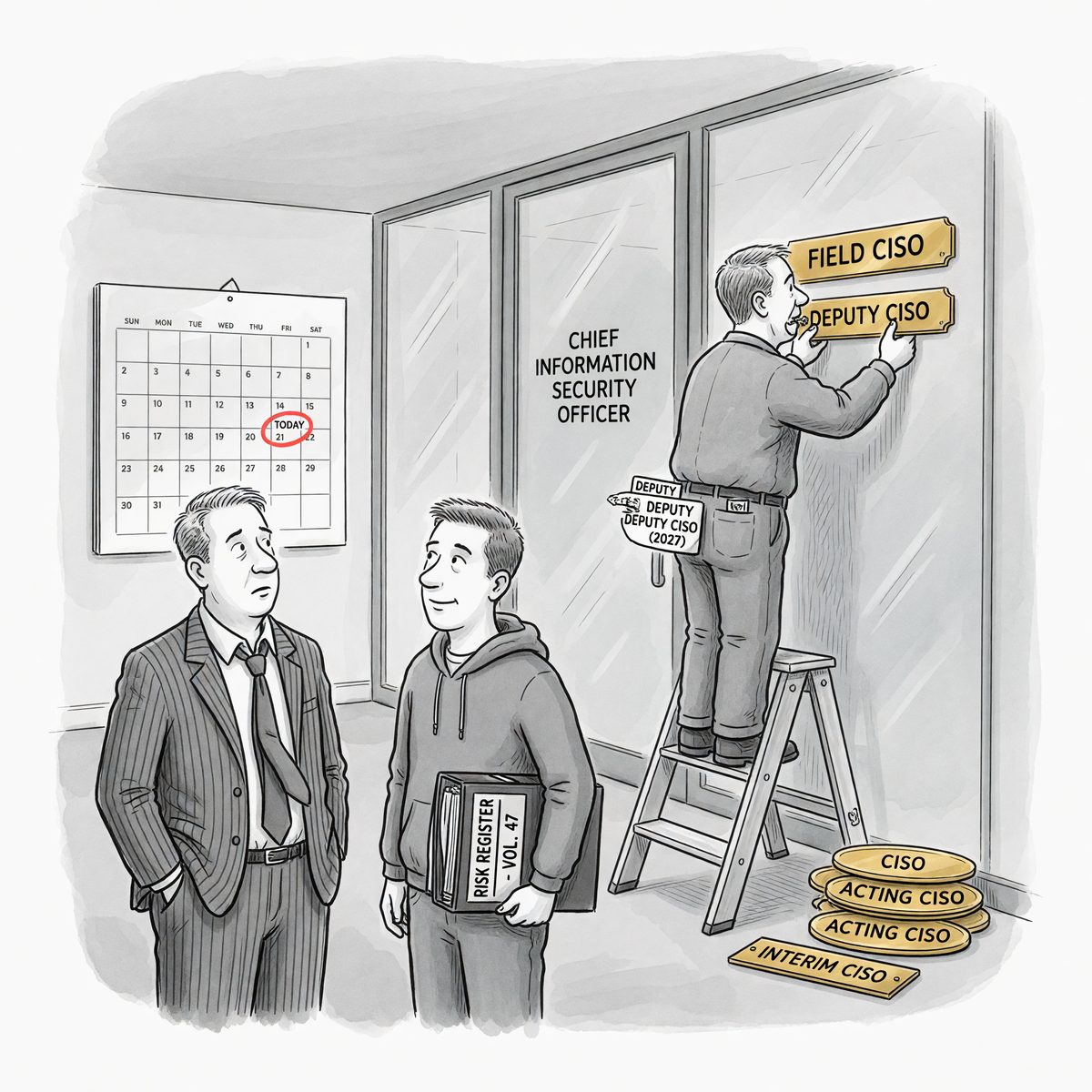 Cartoon of office staff juggling CISO titles, with a laddered man changing wall signs beside a calendar marked “TODAY.”