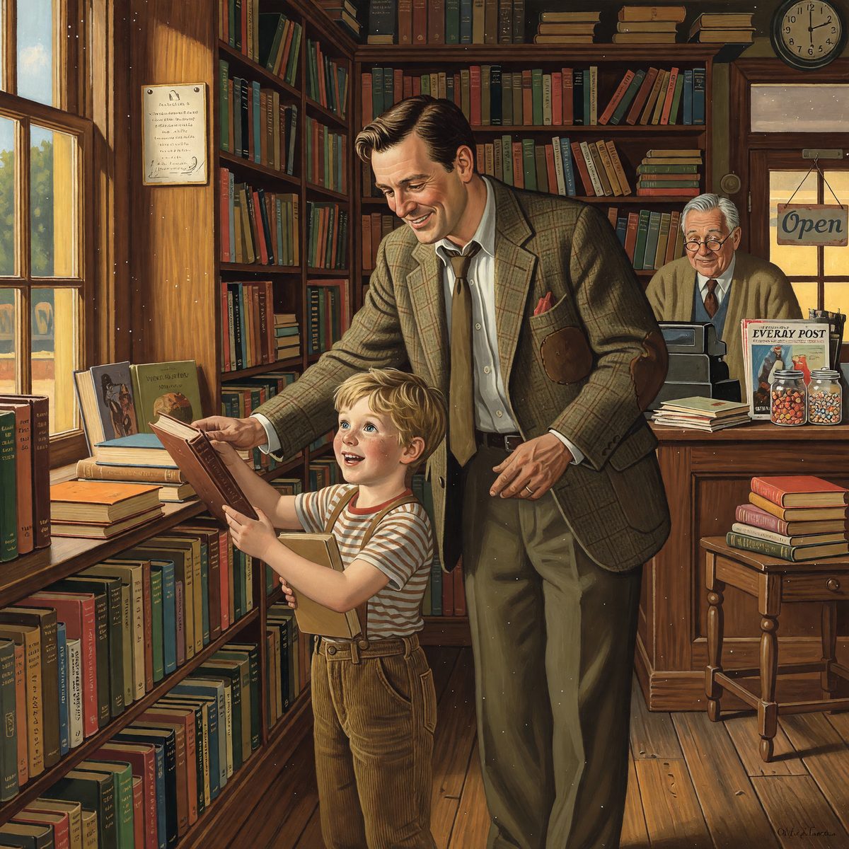 Man helps a boy choose a book in a bookstore, with an older man at the counter and an “Open” sign.