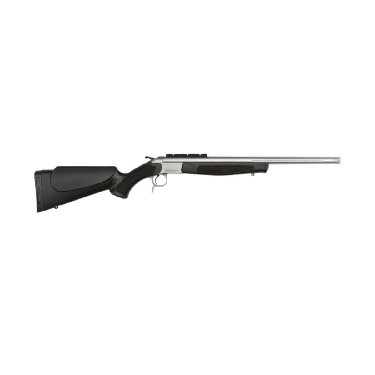 Break-action rifle with a black stock and silver barrel on a white background.