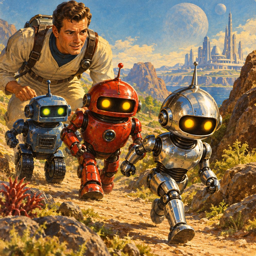 A man in explorer gear follows three colorful robots along a rocky trail toward a futuristic city beneath two moons.
