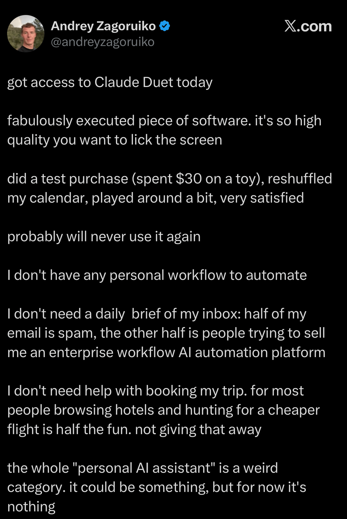 Screenshot of an X.com post by Andrey Zagoruiko discussing access to Claude, software quality, and personal AI assistants.