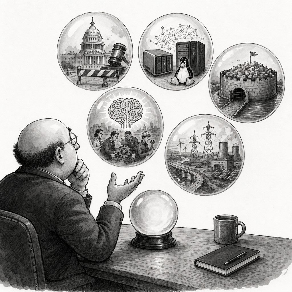 Man at a desk studies floating glass spheres showing government, computers, a fortress, industry, and a brain