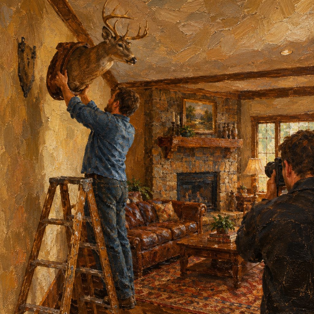 Painting of a man mounting a deer head on a cabin wall while another person photographs him.