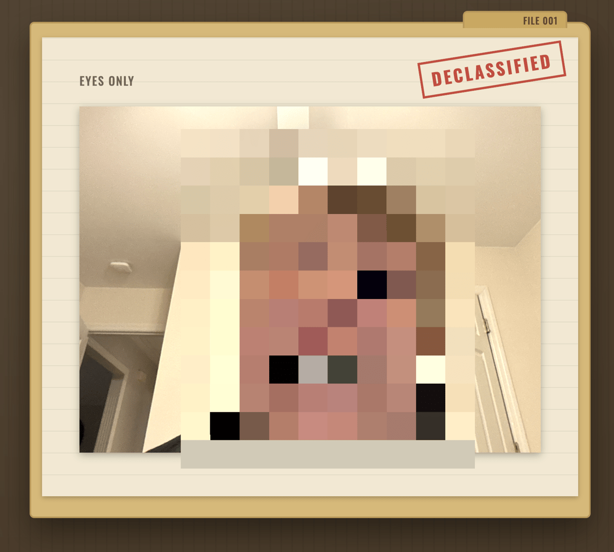 Close-up of a person making a wide-eyed expression, with braces visible, framed by a file labeled “FILE 001” and “DECLASSIFIED.”