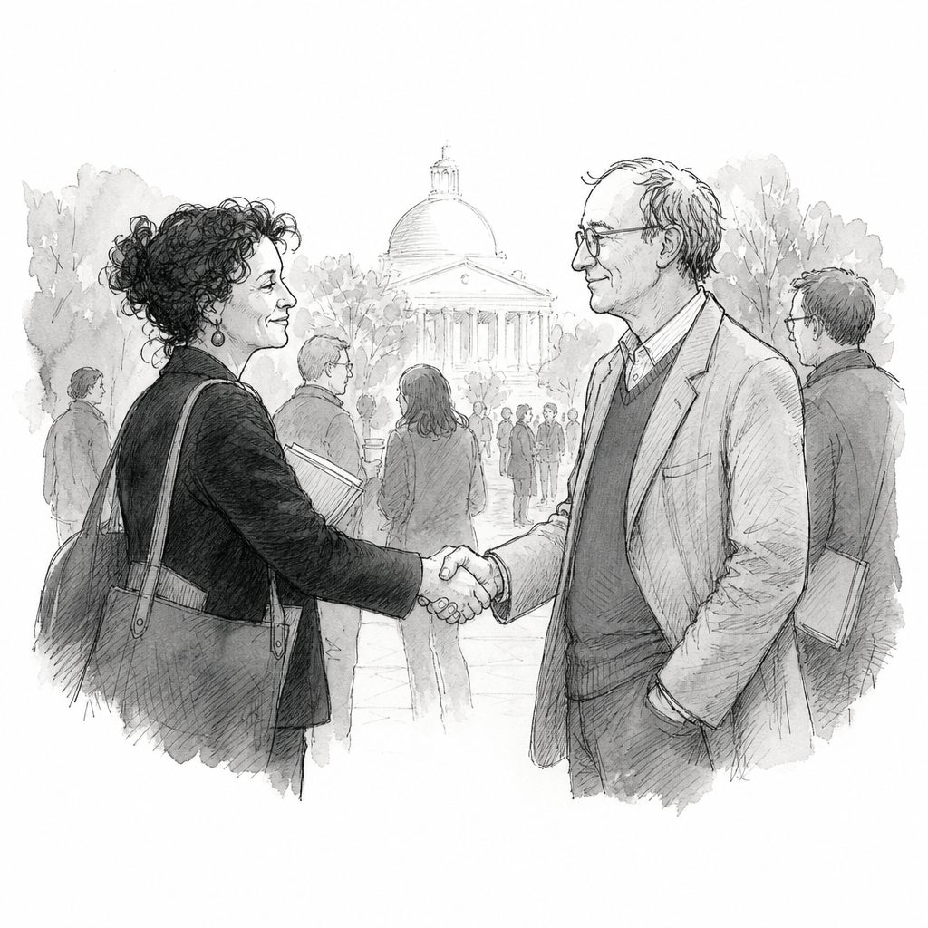 Two people shake hands in front of a domed government building, with pedestrians and trees in the background.