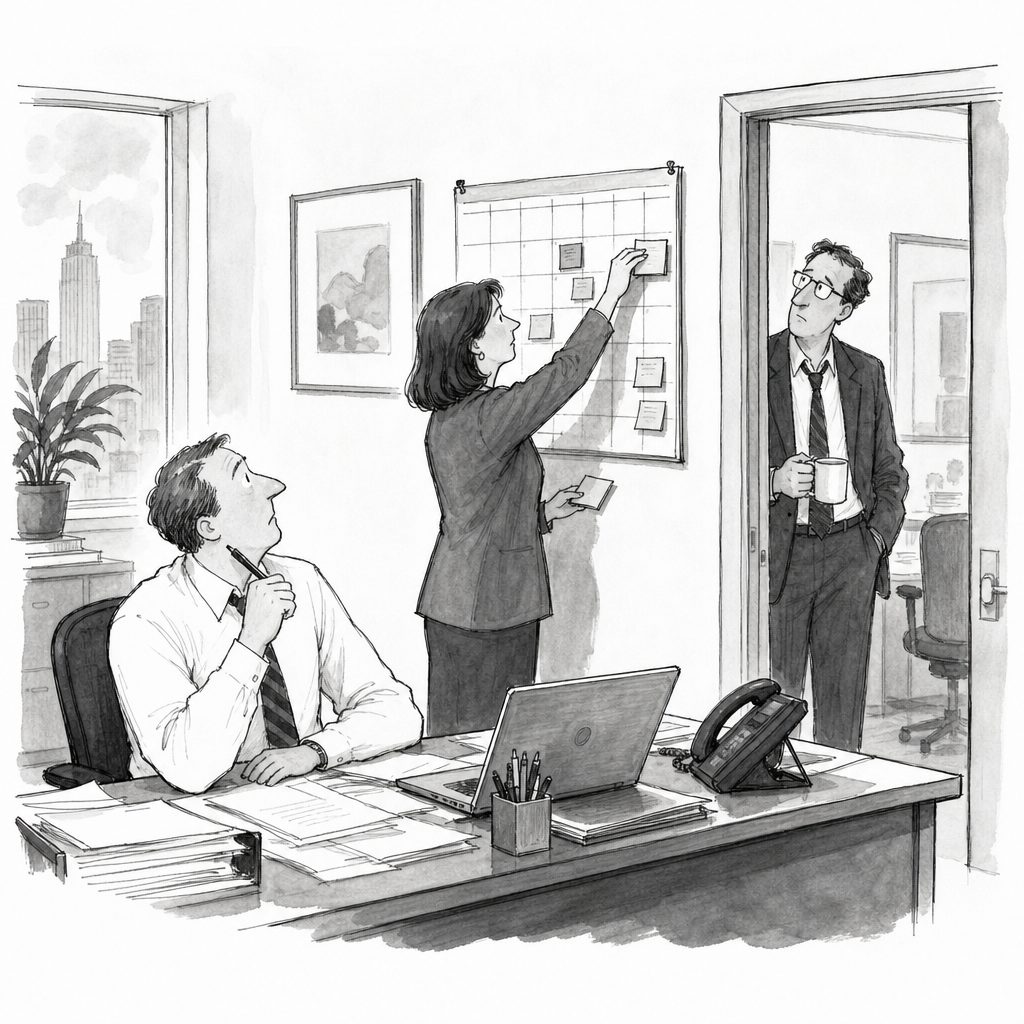 Three office workers near a desk; one studies a wall chart, another sits with a pen, and a man holds a mug in the doorway.