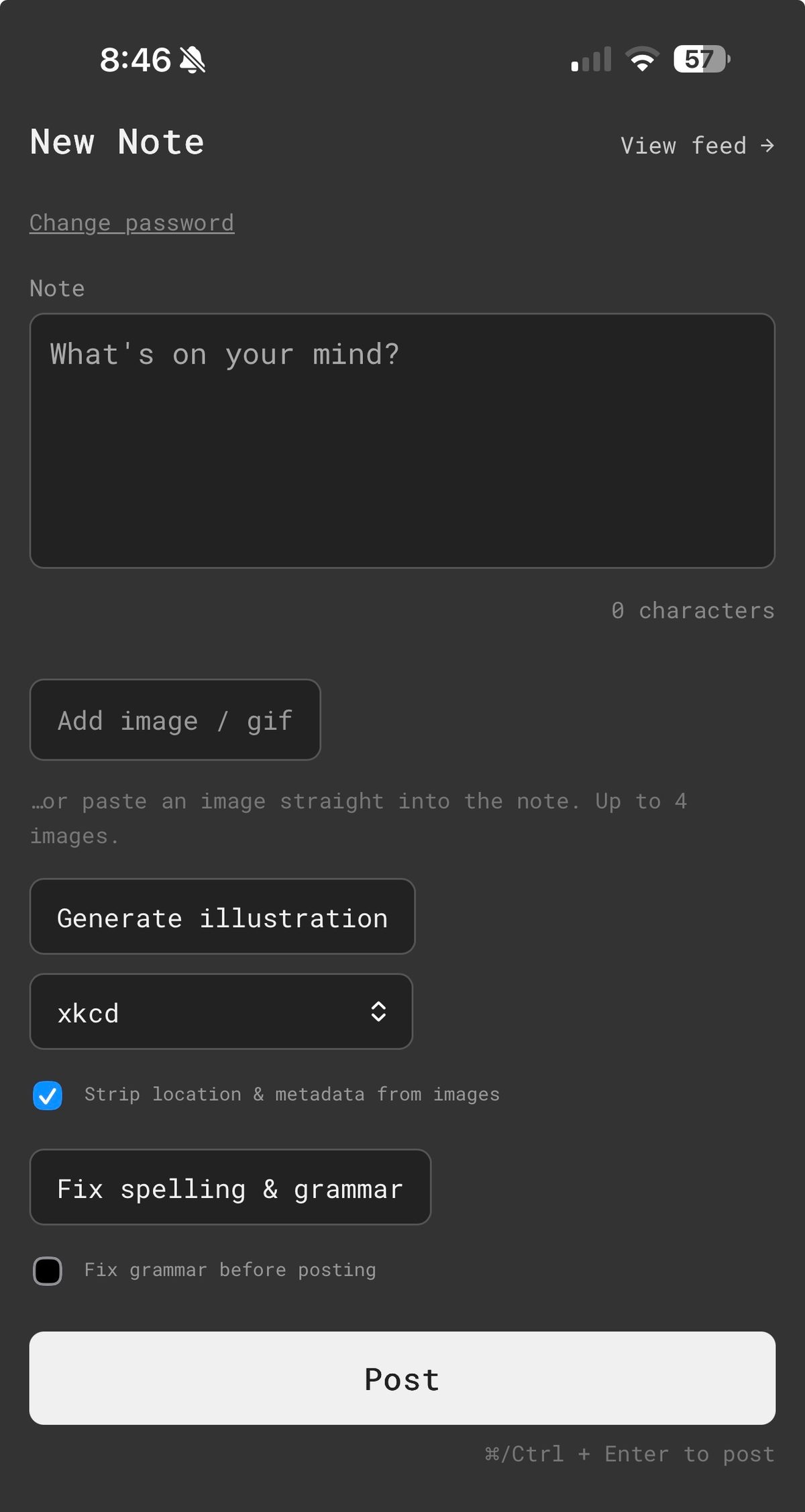 Dark-mode mobile note composer with fields, buttons, and text like “What’s on your mind?”, “Add image / gif,” and “Post”