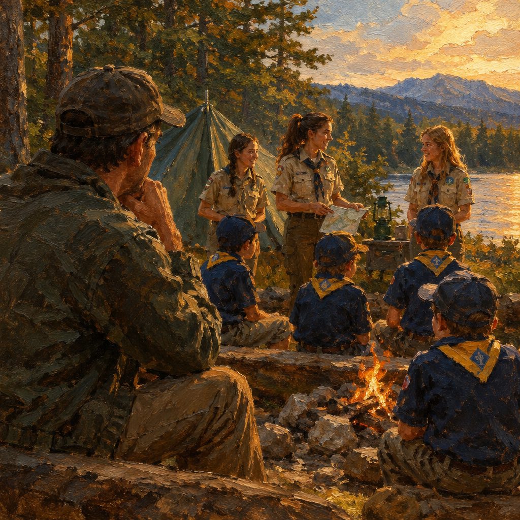 Scouts gather around a campfire beside a tent and lake, with mountains and a sunset in the background.