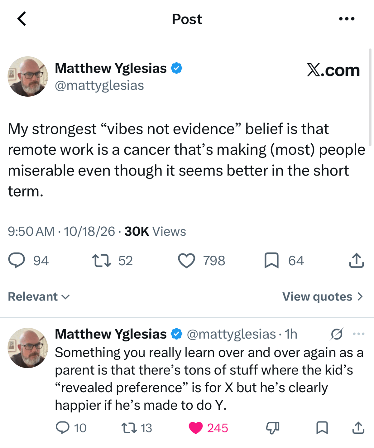 Screenshot of an X post by Matthew Yglesias about remote work, with a second post visible below.