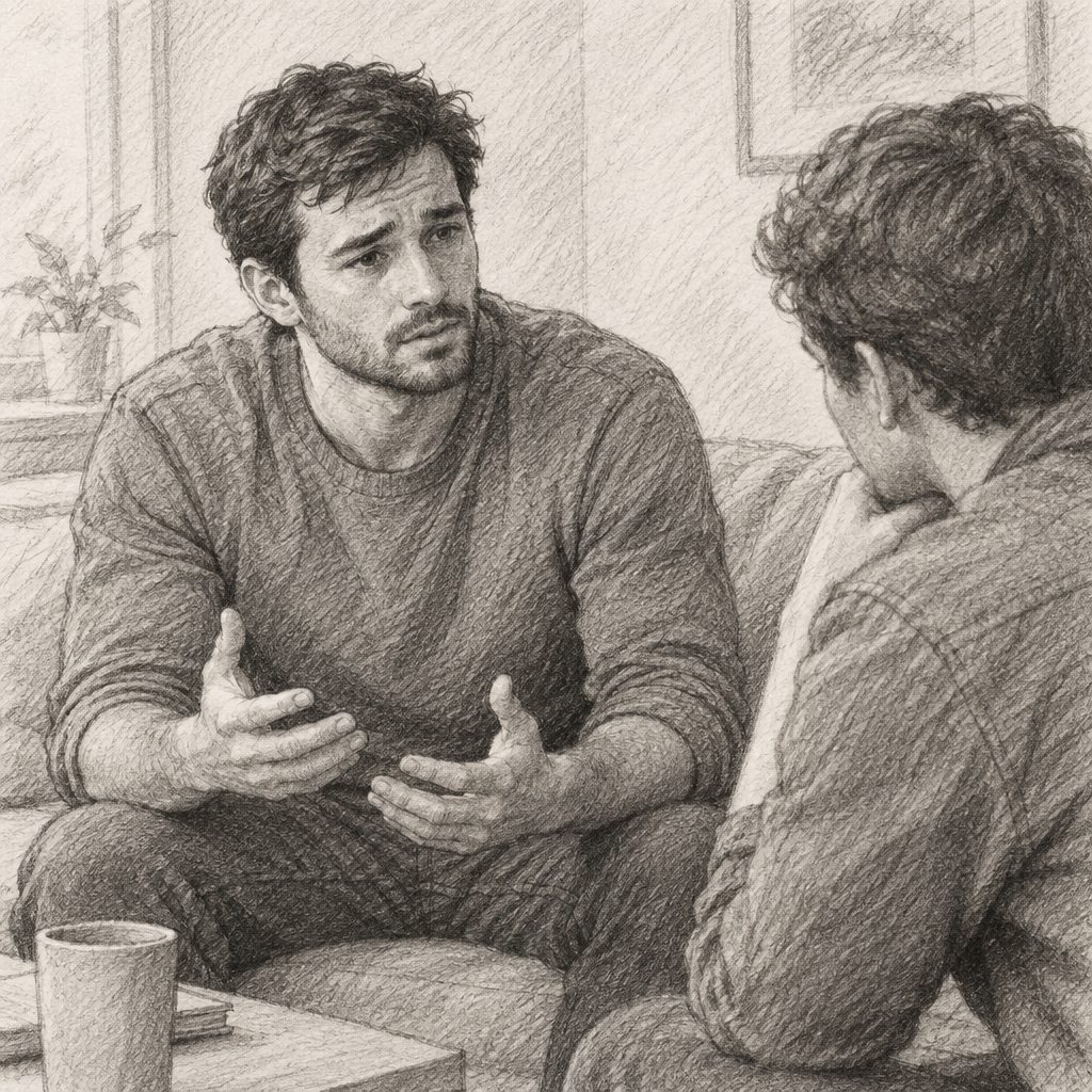 Sketch of two men talking on a couch, with one gesturing and a cup on a table in the foreground.