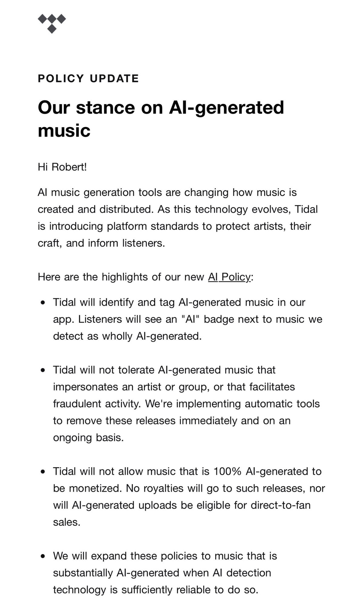 Policy update page titled “Our stance on AI-generated music” with bullet points about Tidal’s AI policy.
