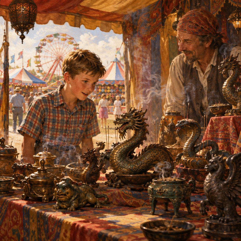 Boy examines ornate dragon statues and smoking incense at a richly decorated fair stall, with tents and a Ferris wheel behind him.