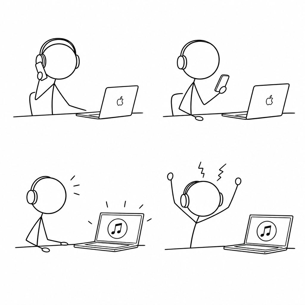 Four-panel cartoon of a stick figure with headphones using a laptop, then a phone, then hearing music from the laptop, then cheering.