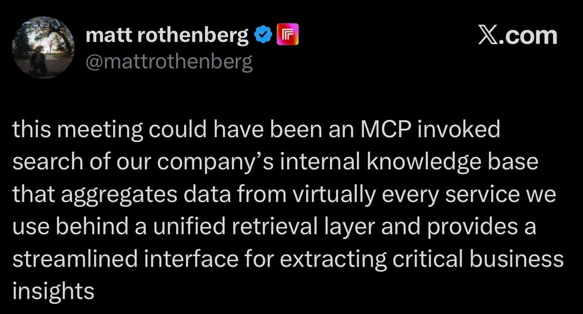 X.com post by matt rothenberg discussing an MCP-invoked search of a company’s internal knowledge base.