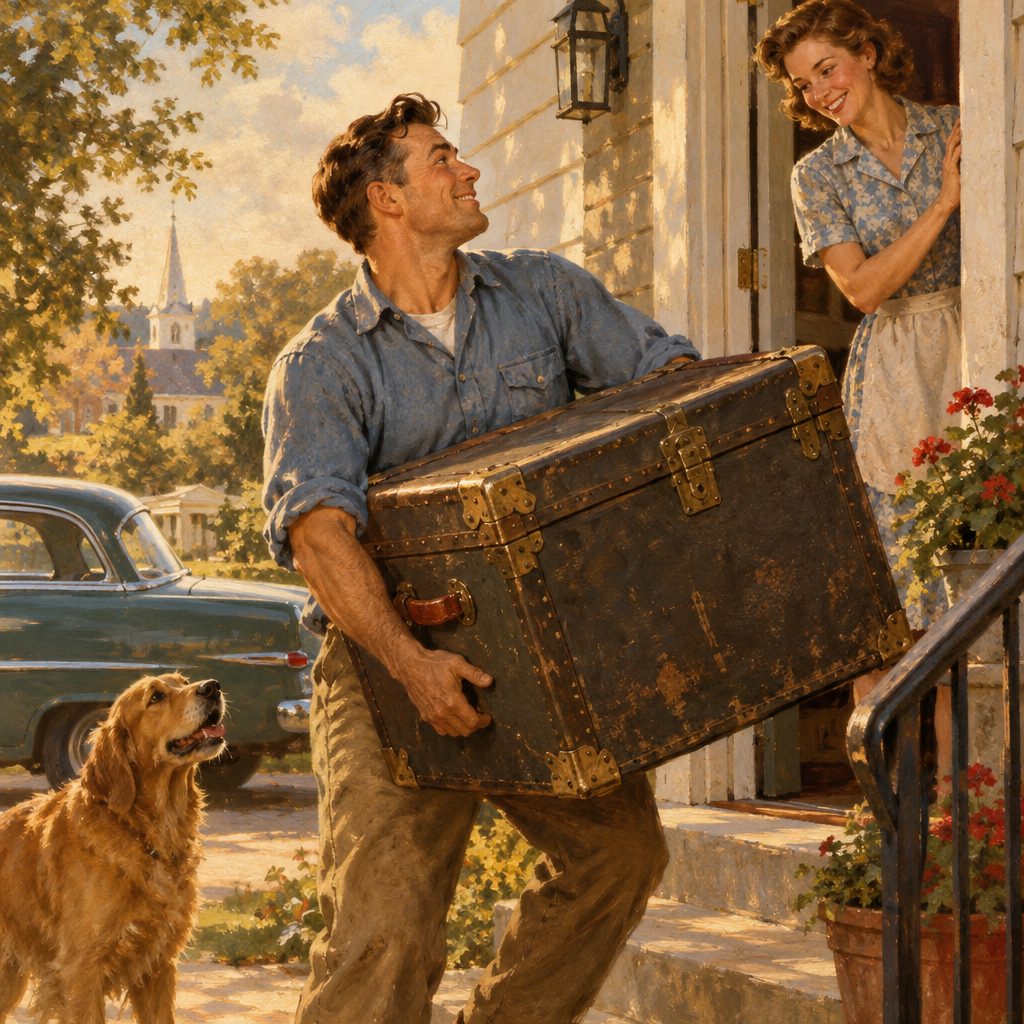 Man carries a large trunk toward a house as a woman smiles from the doorway; a dog and vintage car are nearby.