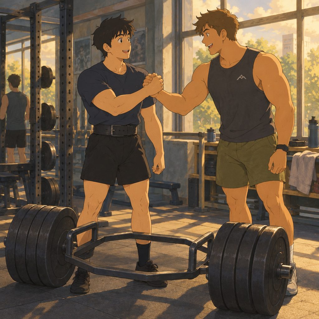 Two muscular men shake hands in a sunlit gym beside a heavily loaded hex bar, with weights and equipment around them.