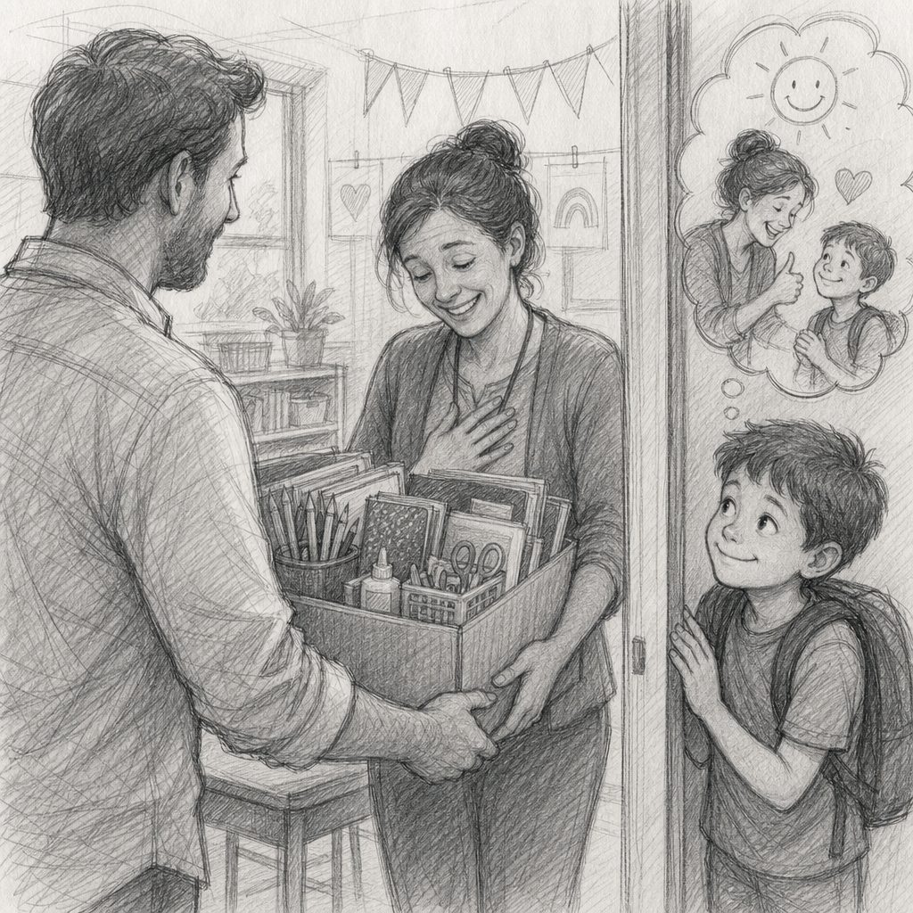 Two adults exchange a box of school supplies while a backpacked boy watches; a wall drawing shows a smiling woman and child.