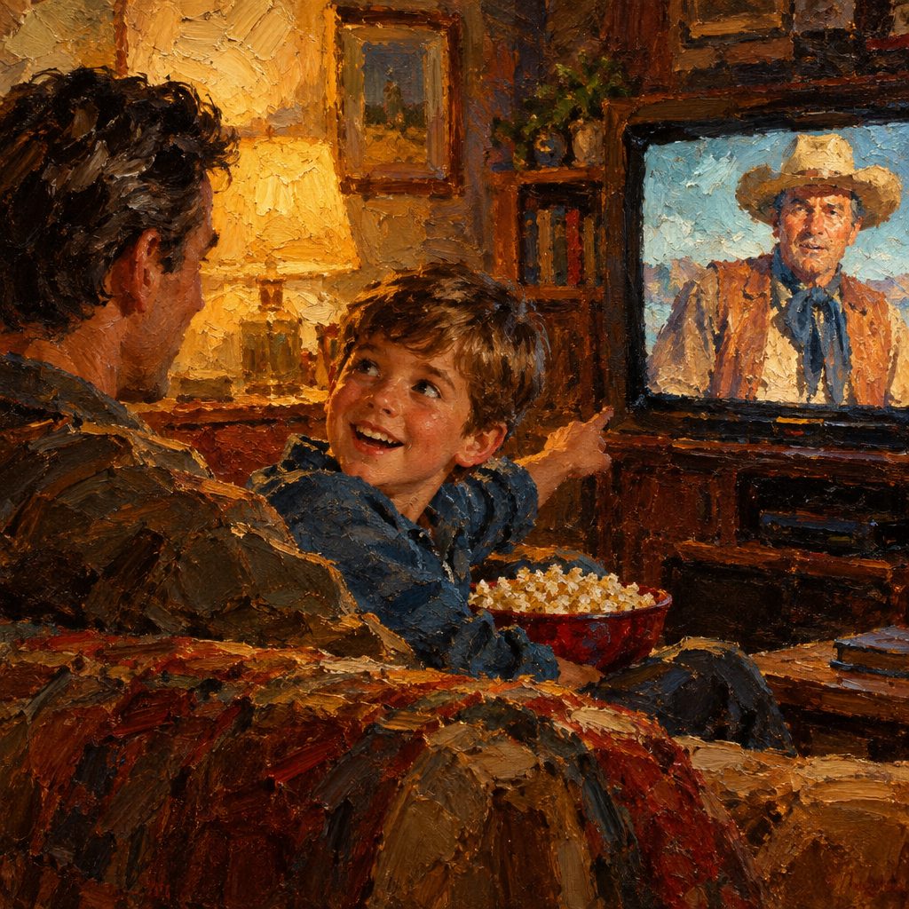 Child points at a television showing a cowboy while sitting beside an adult with a bowl of popcorn.