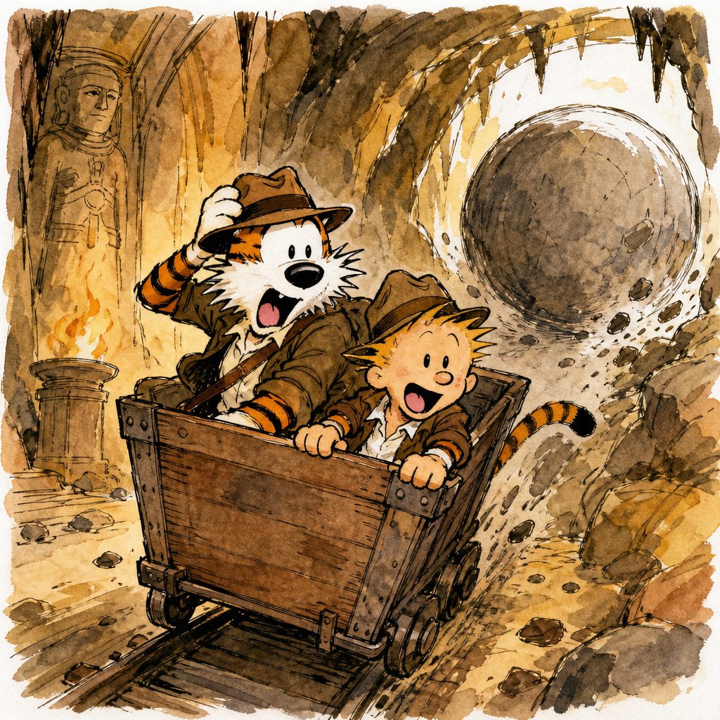 Watercolor illustration of a fox and a boy in a mine cart racing through a cave beside a glowing moon-like sphere.