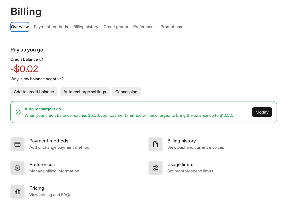 Billing overview showing credit balance -$0.02, auto recharge on, and links for payment methods and billing history
