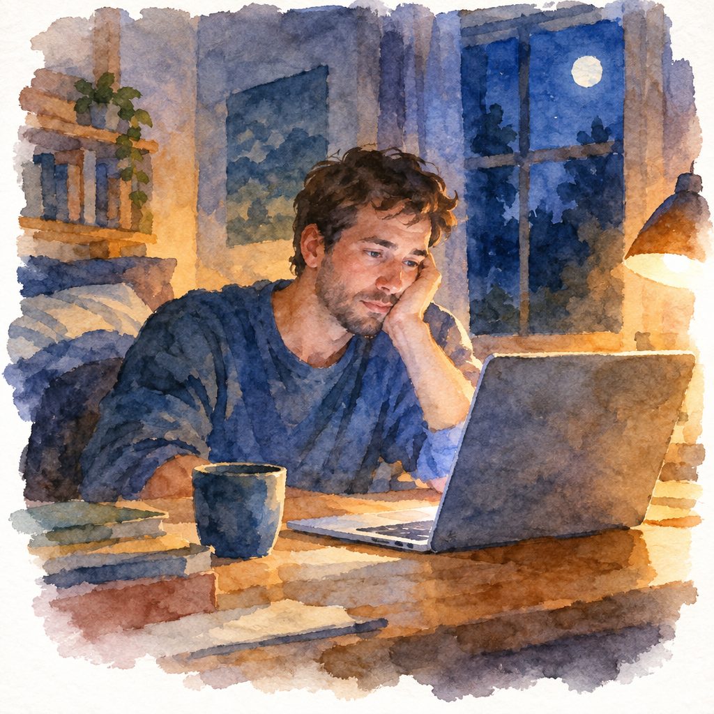 Watercolor scene of a tired man resting his head beside a laptop, with a mug, books, window, moon, and lamp.