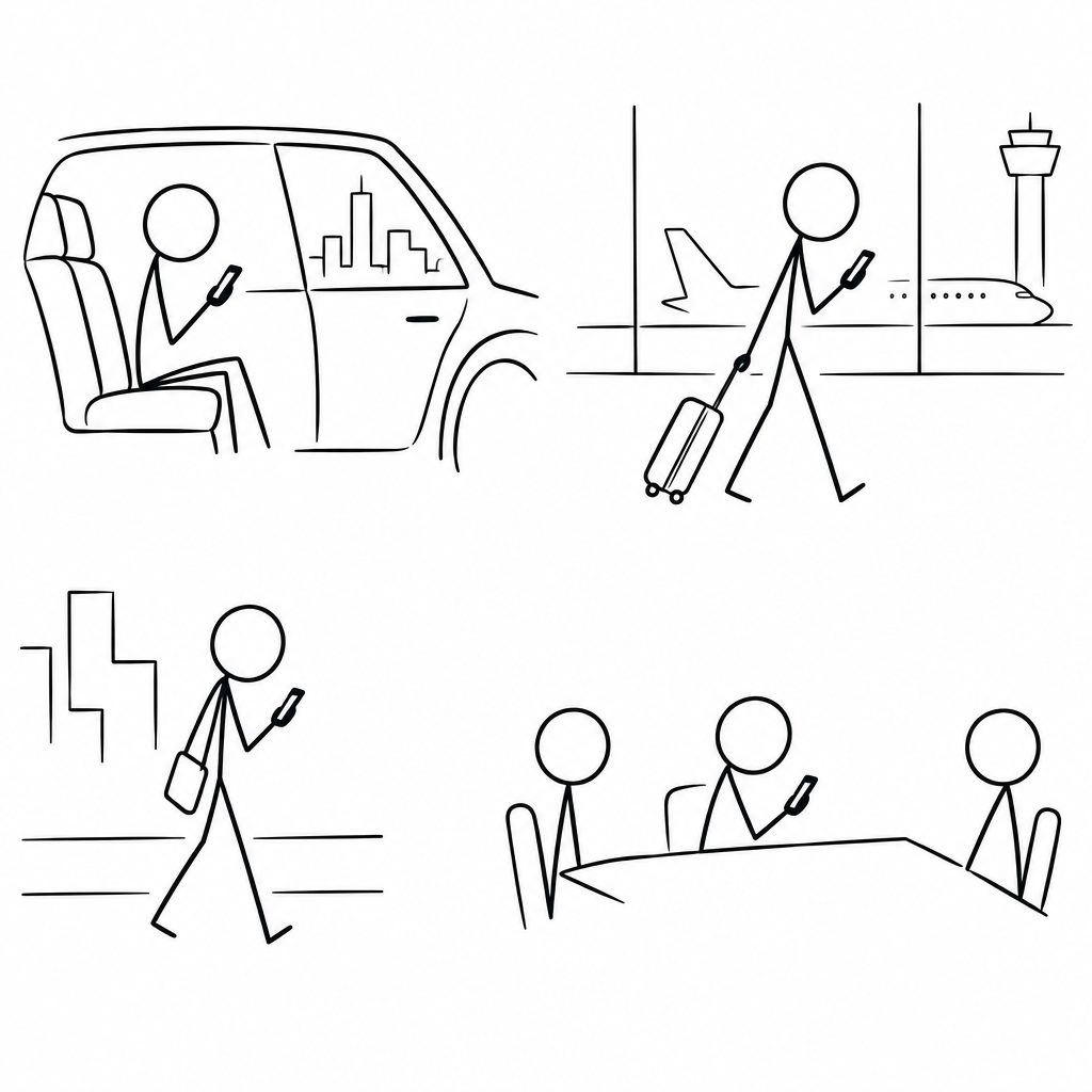 Four-panel line drawing shows a passenger in a car, a traveler at an airport, a walking traveler, and a meeting at a table.