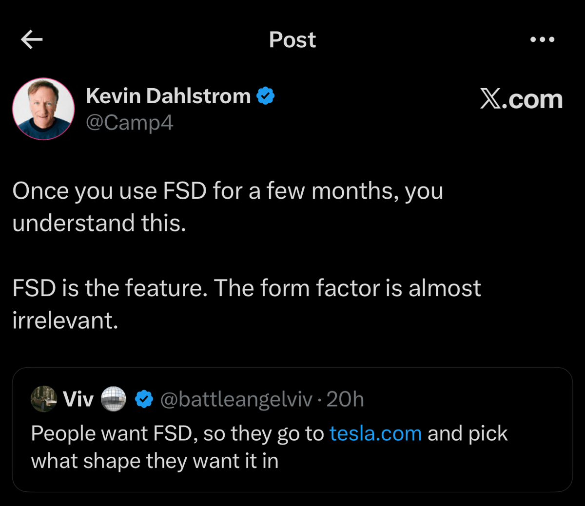 Dark-mode X post by Kevin Dahlstrom: “Once you use FSD for a few months...” with a quoted reply below.