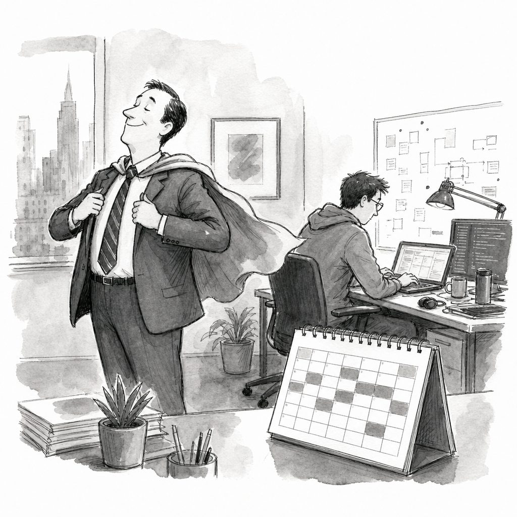 A suited man poses with a flowing cape while a seated coworker works at a computer in an office.